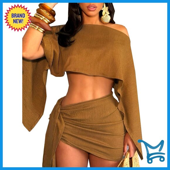Batwing Off Shoulder Crop Top Mini Skirt Set Sexy Two Piece Outfit Y2K